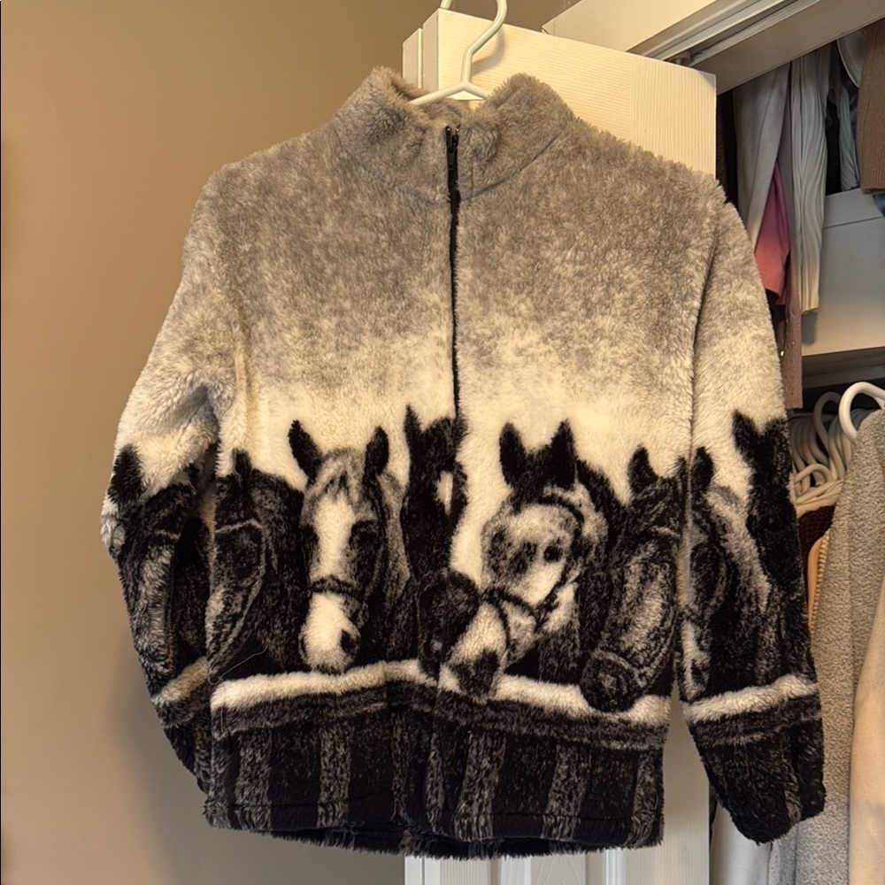 Kids Fleece Jacket with Horse Design - Gray and Black